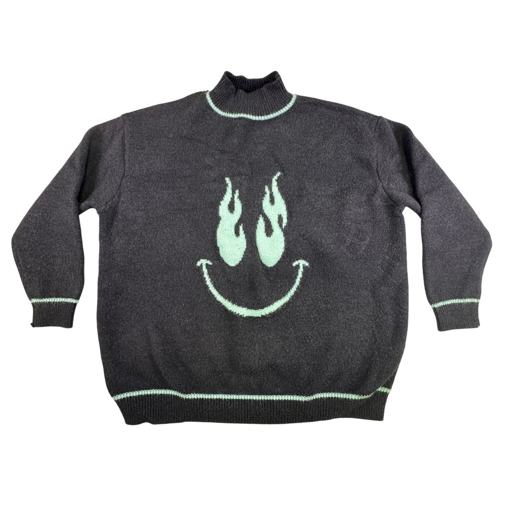 Adika Women XL-XXL Grey Mint Green Flame Eye Smiley Face Mock Neck Knit Sweater